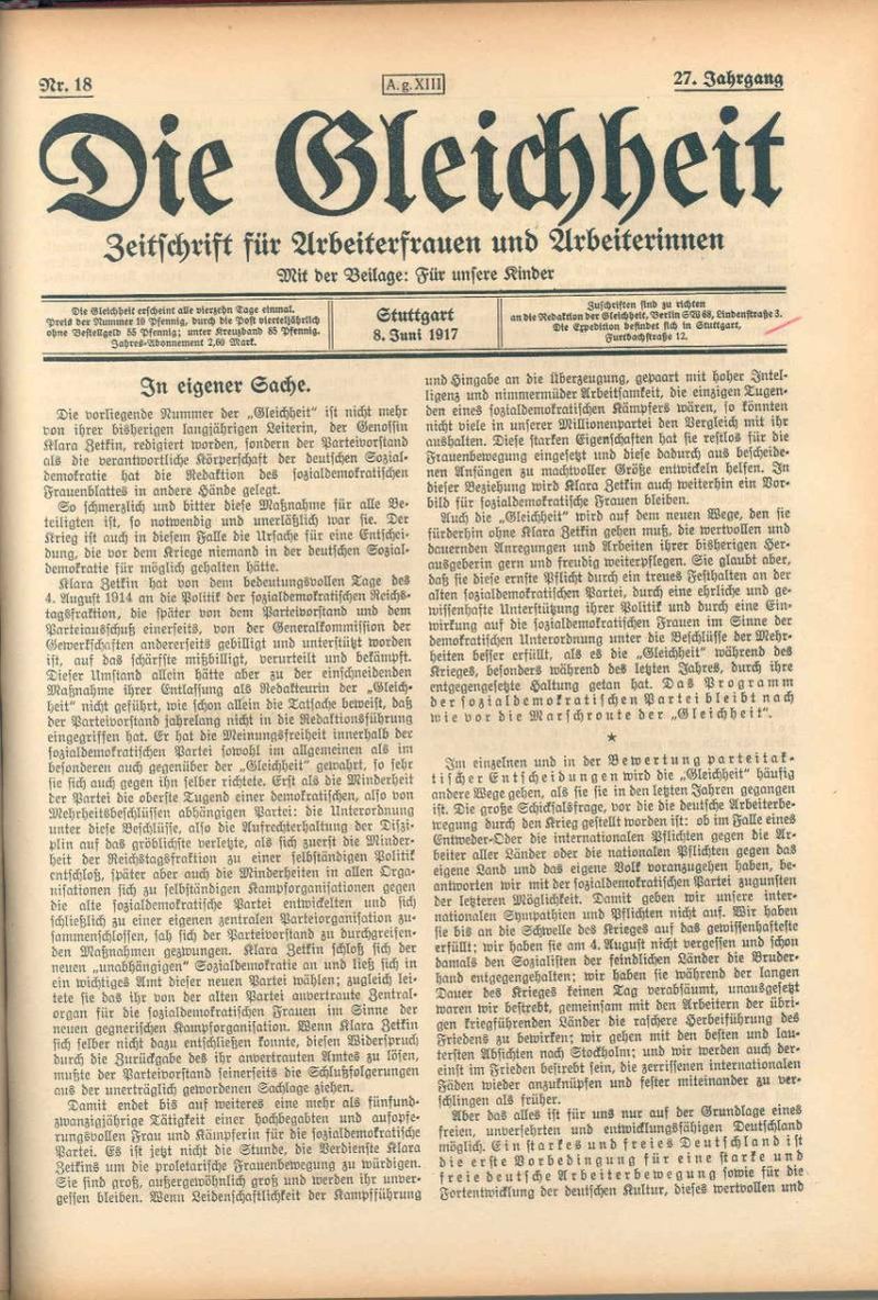 Framing ‘Equality’: Initial Thoughts on Clara Zetkin’s ‘Die Gleichheit’ (1892-1917)
